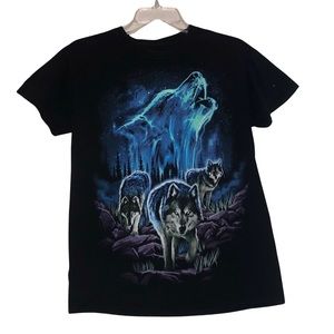 Howling Wolf Northern Lights T Shirt S Black Graphic Crewneck Short Sleeves